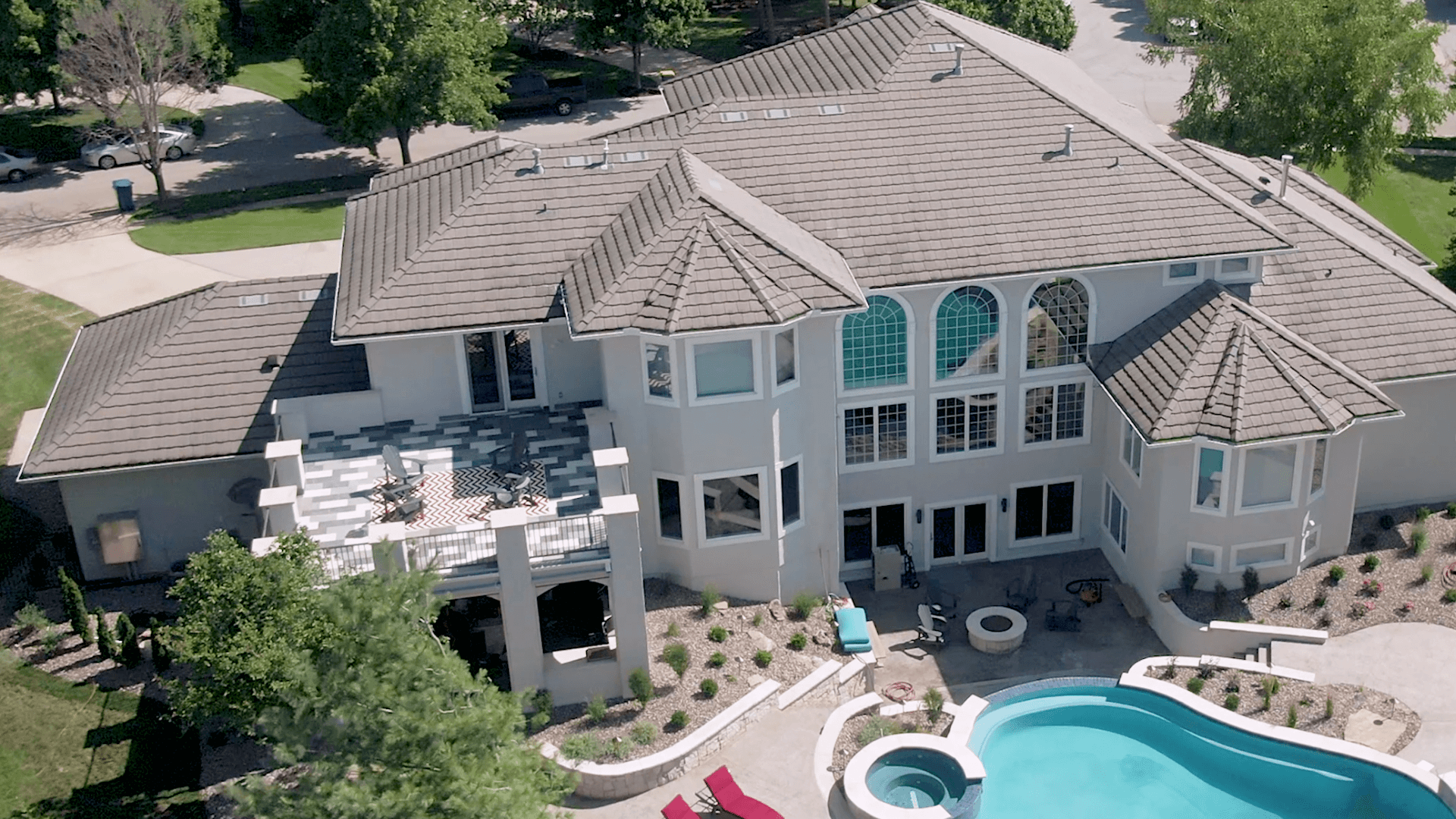 areial view backyard of 3 story house